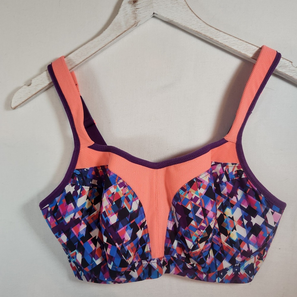 Panache Sport Underwired Sports Bra 34FF Geometric Prism Print Coral Purple